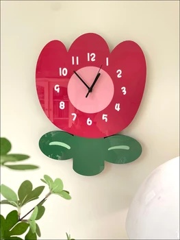 Мультяшный Тюльпан Арт Простое Креативное украшение Настенные часы Цветочный магазин Гостиная Персонализированные Бесшумные Креативные часы