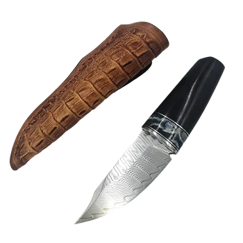 Наружная рукоятка из черного дерева, полированная Дамасская сталь, тактический нож Karambit Full Tang с фиксированным лезвием в кожаных ножнах