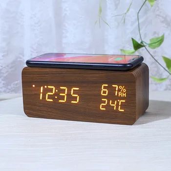 Настольные Цифровые часы Деревянный будильник Беспроводная зарядка Clok для стола Спальня Офис Светодиодный дисплей Термометр Влажность Часы
