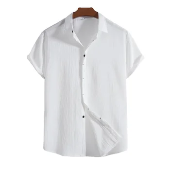 Новая летняя мужская рубашка с короткими рукавами 2023 года, свободная однотонная хлопковая льняная рубашка на пуговицах, мужская тонкая Белая Черная
