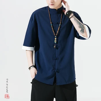 Новая модная мужская хлопковая льняная рубашка с коротким рукавом в китайском стиле, Элегантная футболка, Летний темпераментный топ с блокировкой цвета.