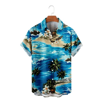 Новые гавайские рубашки для мужчин, морской дизайн, Синие рубашки с коротким рукавом, крутые летние топы, винтажные дышащие