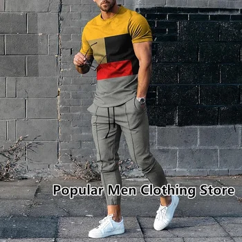 Новые летние мужские спортивные костюмы, модная футболка с коротким рукавом с 3D принтом, Длинные брюки, комплекты из 2 предметов, трендовая повседневная мужская одежда большого размера