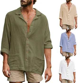 Новые мужские рубашки с длинными рукавами, однотонный воротник-стойка, повседневные топы в деловом пляжном стиле, футболка свободного кроя, большие размеры
