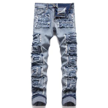 Новый модный панк-тренд, синие рваные тонкие эластичные рваные ткани, мужские джинсы с прямыми штанинами, уличные джинсы