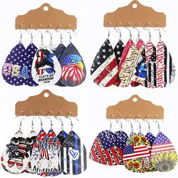 Оптовая комбинация на День независимости, 3 пары / комплекта Кожаных сережек, серьги-капельки с изображением Подсолнуха, Орла, полосатой звезды, американского флага
