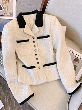 Осенне-зимний женский твидовый пиджак контрастного цвета, Офисный женский однобортный карман, французская шерстяная универсальная верхняя одежда