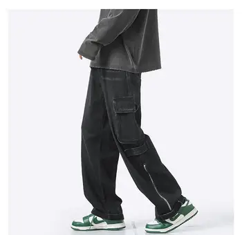 Осенние новые джинсы в стиле хип-хоп с большим карманом в стиле ретро для мужчин и женщин, Ins, свободные, Дикие, готические, модные прямые джинсы на молнии 2022
