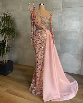 Розовое блестящее Перспективное вечернее платье, расшитое бисером, блестки, платье для выпускного вечера, Хрустальное свадебное платье с длинным рукавом на заказ