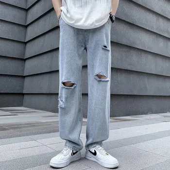 Сезон: Весна-лето, модные мужские широкие рваные джинсовые брюки, уличная одежда в стиле хип-хоп с эластичной резинкой на талии, выстиранные джинсовые брюки.