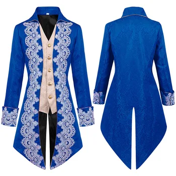 Синяя вышивка, средневековый фрак в стиле стимпанк, костюм на Хэллоуин, мужская куртка в стиле Ренессанс, готический жакет, Винтажный Викторианский сюртук, униформа