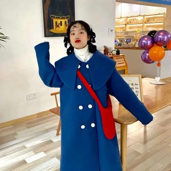 Теплое шерстяное пальто Heydress 2021 зима с большим воротником, нежно-голубые теплые шерстяные пальто, женская элегантная двубортная толстая верхняя одежда, женские корейские пальто