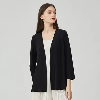 Шелковый трикотаж Высокой эластичности, Модные черные топы с открытой спиной, женские простые куртки на шнуровке, Офисные женские пальто-кардиган WE119