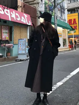 Шерстяное пальто Yitimuceng для женщин 2022, Новая мода, Винтажная уличная одежда, Однотонное Двубортное пальто с отложным воротником, свободное длинное зимнее пальто