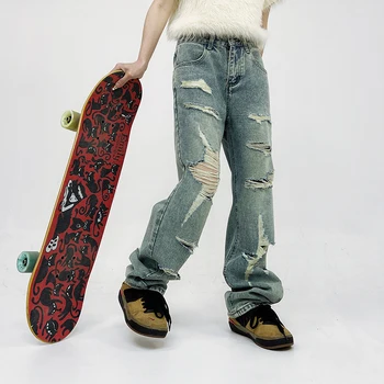 Широкие джинсы в стиле хип-хоп с потертыми дырами для мужчин, Выстиранные рваные джинсы для женщин 2023, уличная одежда, байкерские брюки, джинсы