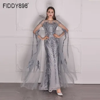 Элегантные вечерние платья Макси с длинными рукавами и аппликацией из бисера 2021, Женские вечерние платья для вечеринок, Длинный тюлевый халат