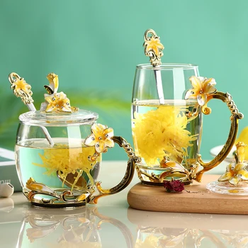 Эмалированная кружка ручной работы, стеклянная чашка с цветком лилии, Кофейная кружка, кружка для чая с ароматом молока, чашка для лимонного сока, Стеклянная пара кружек для влюбленных в подарок